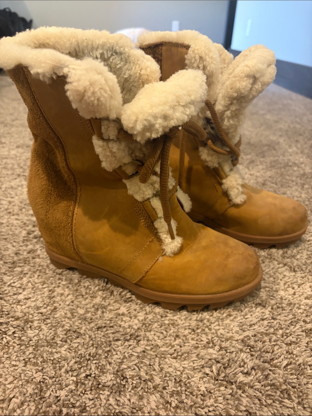 Sorel Women's Shearling-Lined Lace-Up Wedge Boots in Tan